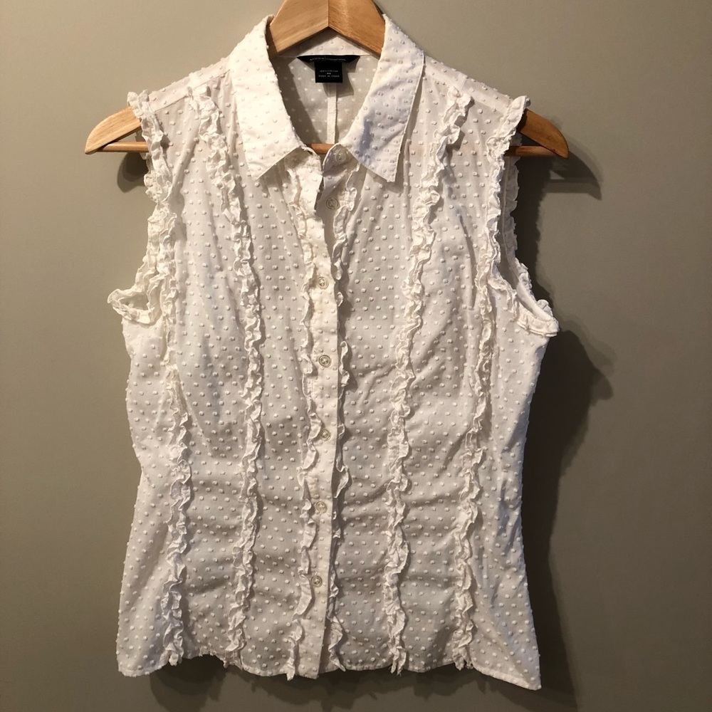Moda International White Sleeveless Button-Down Swiss Dot Ruffle Top